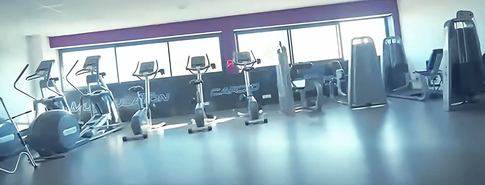 Espace cardio d’ABS Sport Gym : elliptiques et vélos devant les baies vitrées