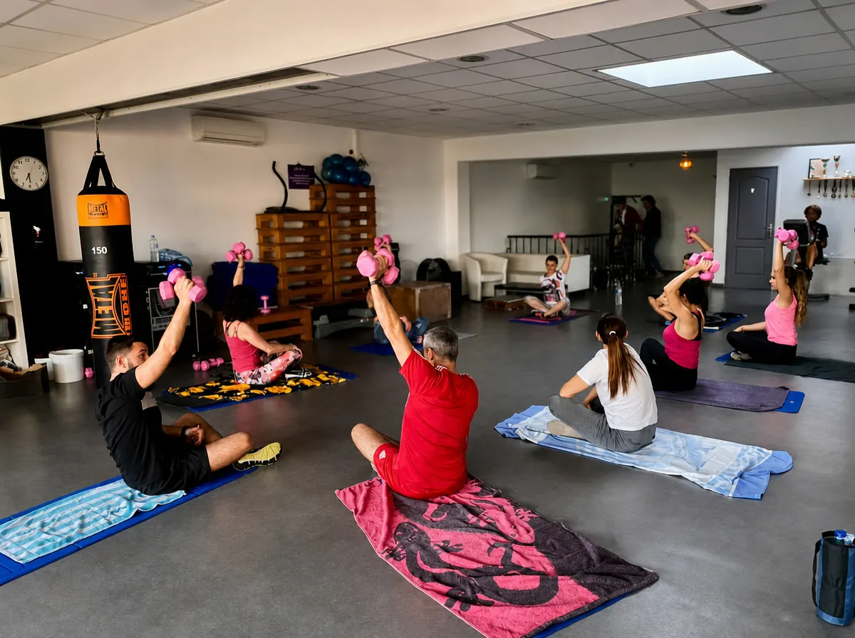 Adhérents d’ABS Sport Gym en exercices au sol sur tapis, avec haltères et kettlebells
