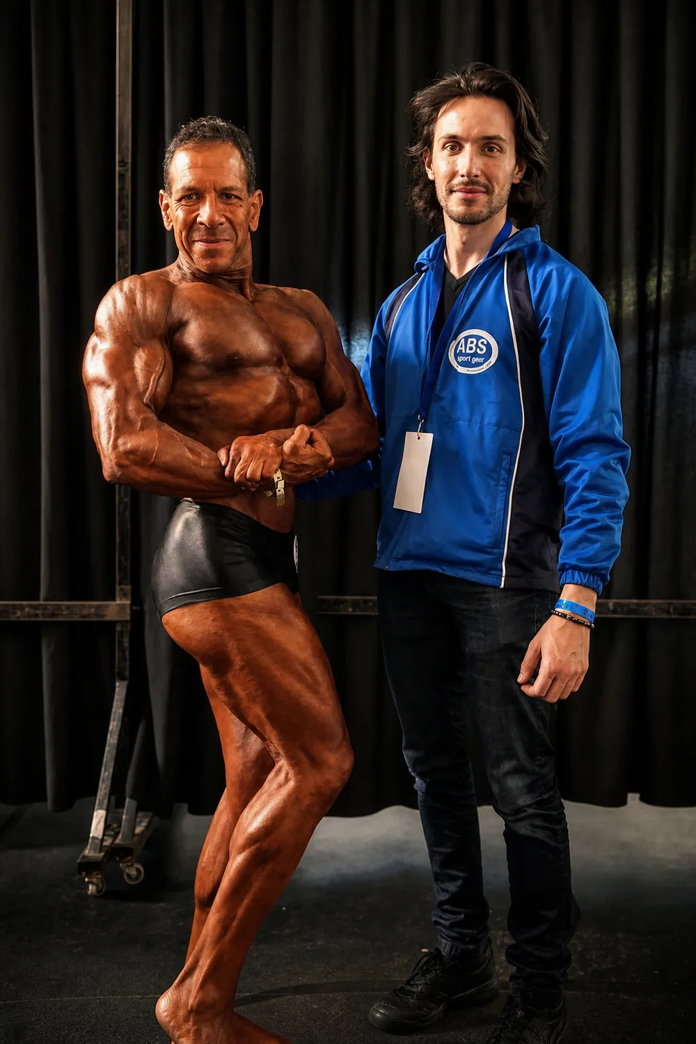 Un adhérent sur scène de bodybuilding aux côtés de Louis Milane