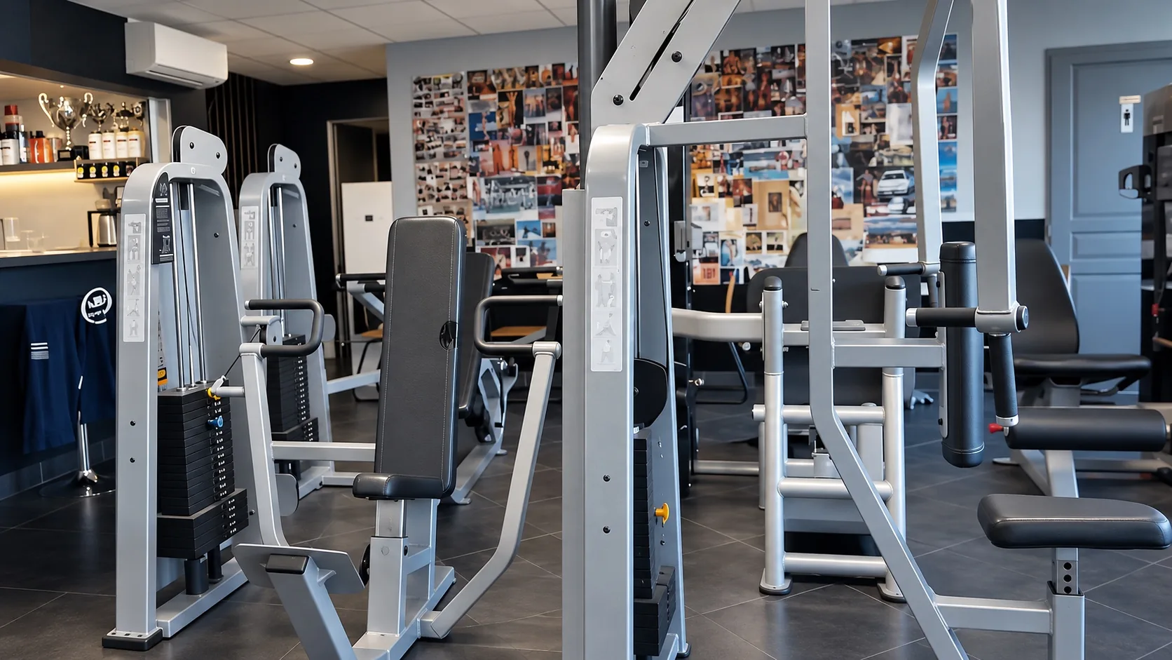 Machines guidées de musculation, mur de photos du club au fond