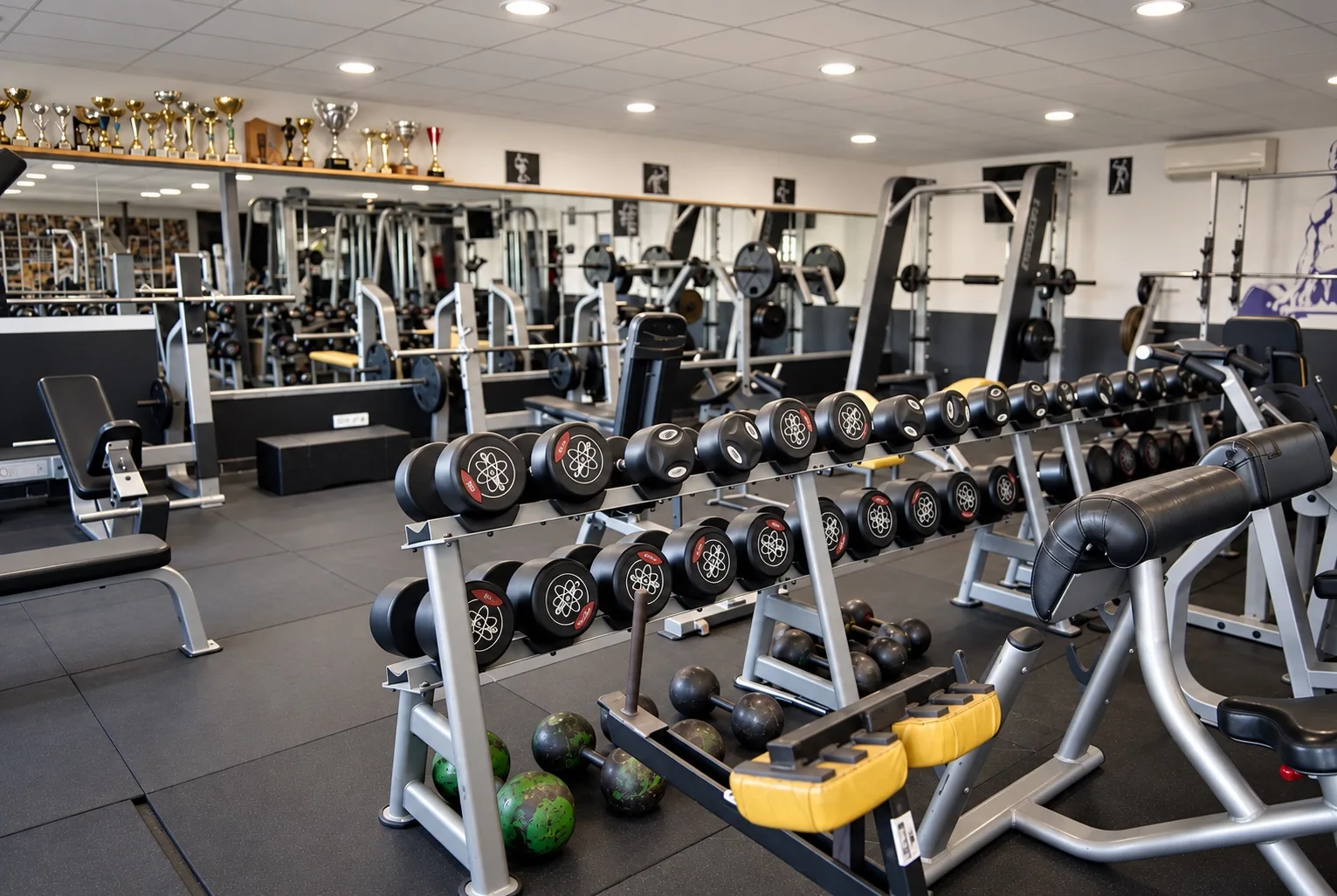 Plateau libre avec râteliers d’haltères, bancs et trophées du club