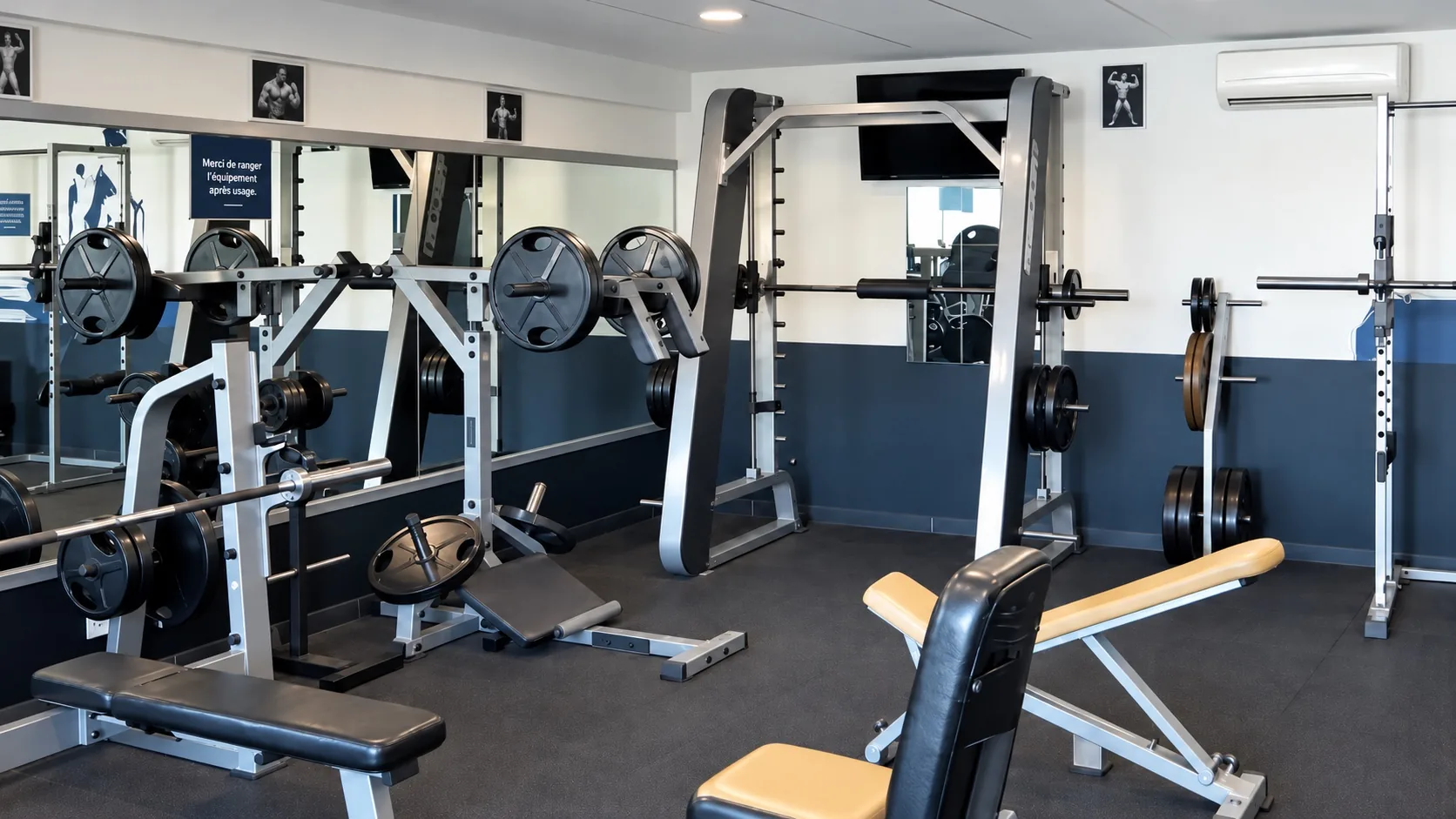 Zone force de la salle de musculation ABS Sport Gym : cages, barres et disques